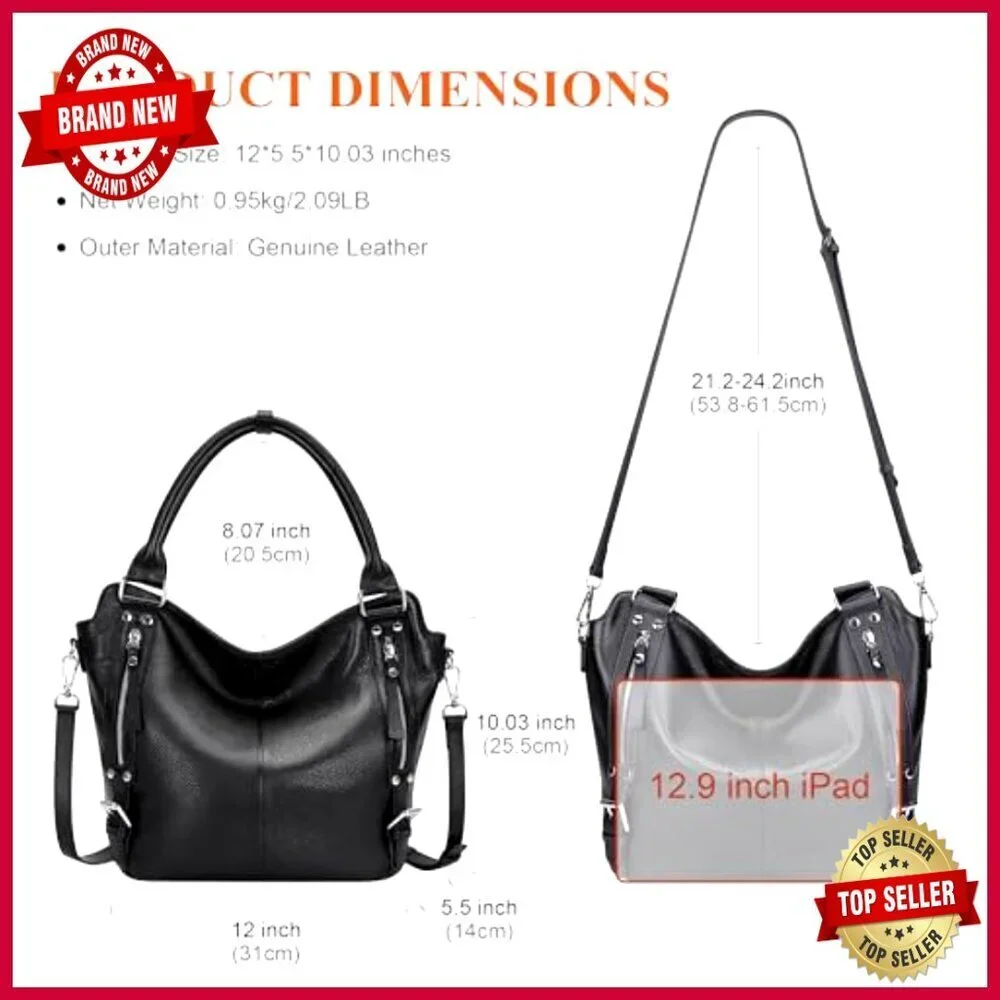 Large Genuine Leather Hobo Tote Shoulder Bag with Multiple Pockets